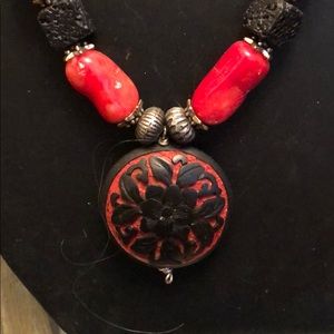 Red coral and lava bead necklace